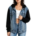thumbnail image 4 of MaFYtyTPR Women Denim Hoodies Color Block Long Sleeve Jacket with Detachable Hood Casual Patchwork Streetwear Tops A-Black L, 4 of 6