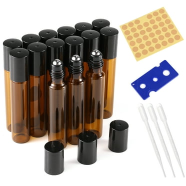 HEQUSIGNS 15 Pcs Essential Oil Roller Bottles, 10ml Glass Roll on Bottles with Stainless Steel Roller Ball, Opener, Pipettes, Labels, Refillable Roller Bottles for Essential oils, Lotions, Perfume(Amber-10ML)
