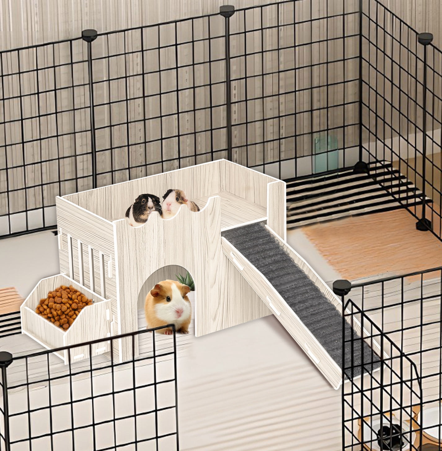 Large Guinea Pig Hideout House, Wooden Guinea Pig Castle with Feeding Basin, Guinea Pig Habitat, Guinea Pig Toys Accessories for Chinchilla Hamster Hedgehog Rabbit Bunny