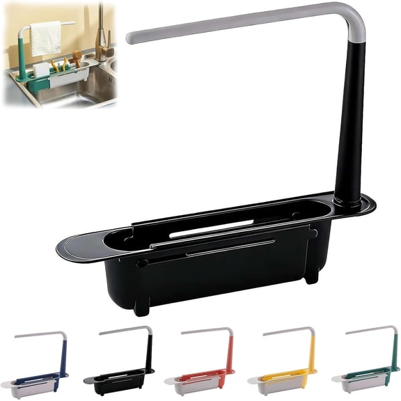 Retractable Sink Organizer, Telescopic Sink Storage Rack with Towel Bar, Adjustable Expandable Sink Caddy with Sponge Holder and Drain Basket