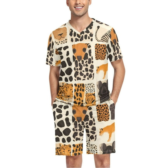 joogoo Men's Pajama Set Animal Skins Leopard V-Neck Pj Shorts Set 2 Piece Loungewear Sleepwear L