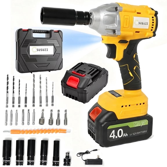 SUSUZI 21V Cordless Impact Wrench 1/2 Inch Drive, 380Nm (280 ft-lbs) Brushless Power Impact Wrench with 2 x 3.0Ah Batteries, 5 Impact Sockets, Drill Bits & Carry Case