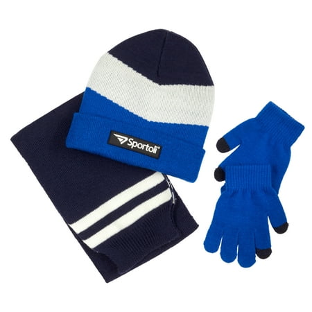 Blue Glove Series (Sportoli Men's and Boys' Kids 3-Piece Chevron Jersey Knit Cold Weather Accessory Set Warm Lined Pull On Hat Scarf and)