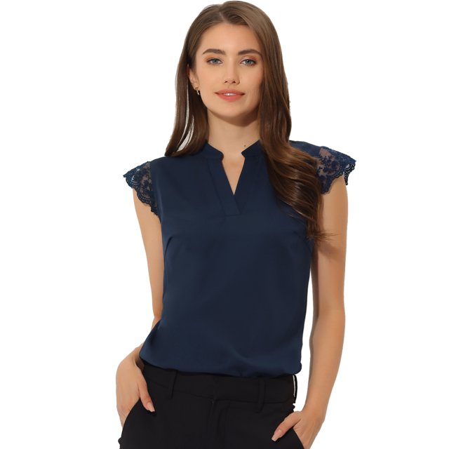 Blusa Básica Sin Mangas Con Cuello En V Para Oficina De Trabajo Para Mujer Azul Marino M