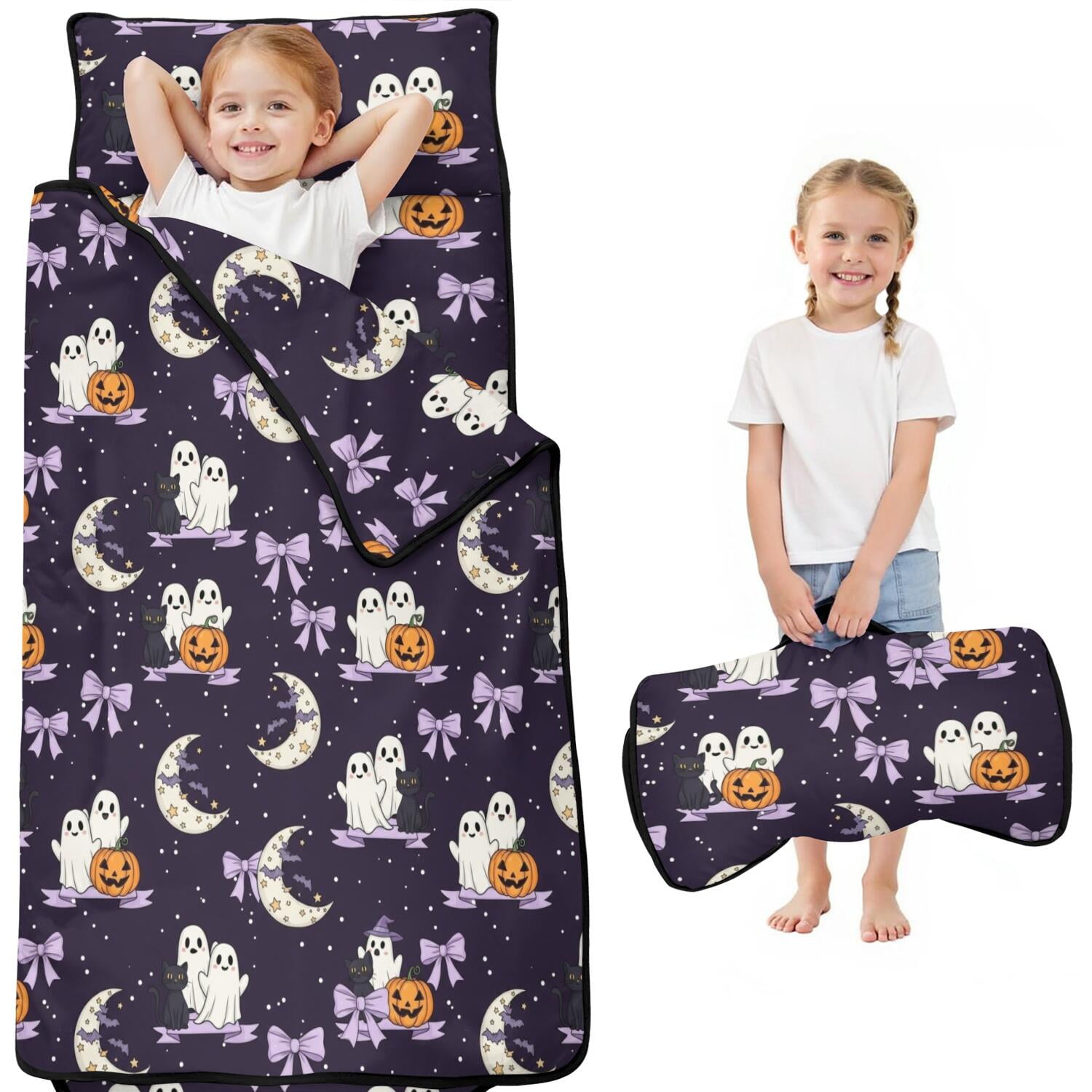 Halloween Ghost Cat Purple Pattern Kids Nap Mat Preschool Sleeping Pad with Handle & Fastening Straps Easy Roll Up Gifts for Toddlers Kids Boys Girls 51 x22