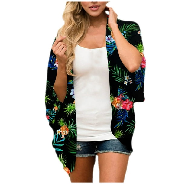 PMUYBHF Female Crop Cardigan Sweaters For Women Women'S 1/2 Sleeve Floral  Print Beach Chiffon Tops Loose Kimono Cardigan Capes M Black 