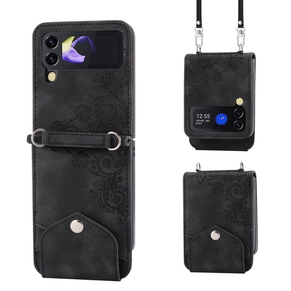 Compatible with Samsung Galaxy Z Flip 5 Wallet Case with Lanyard Crossbody Leather Case for Girls Women-Black