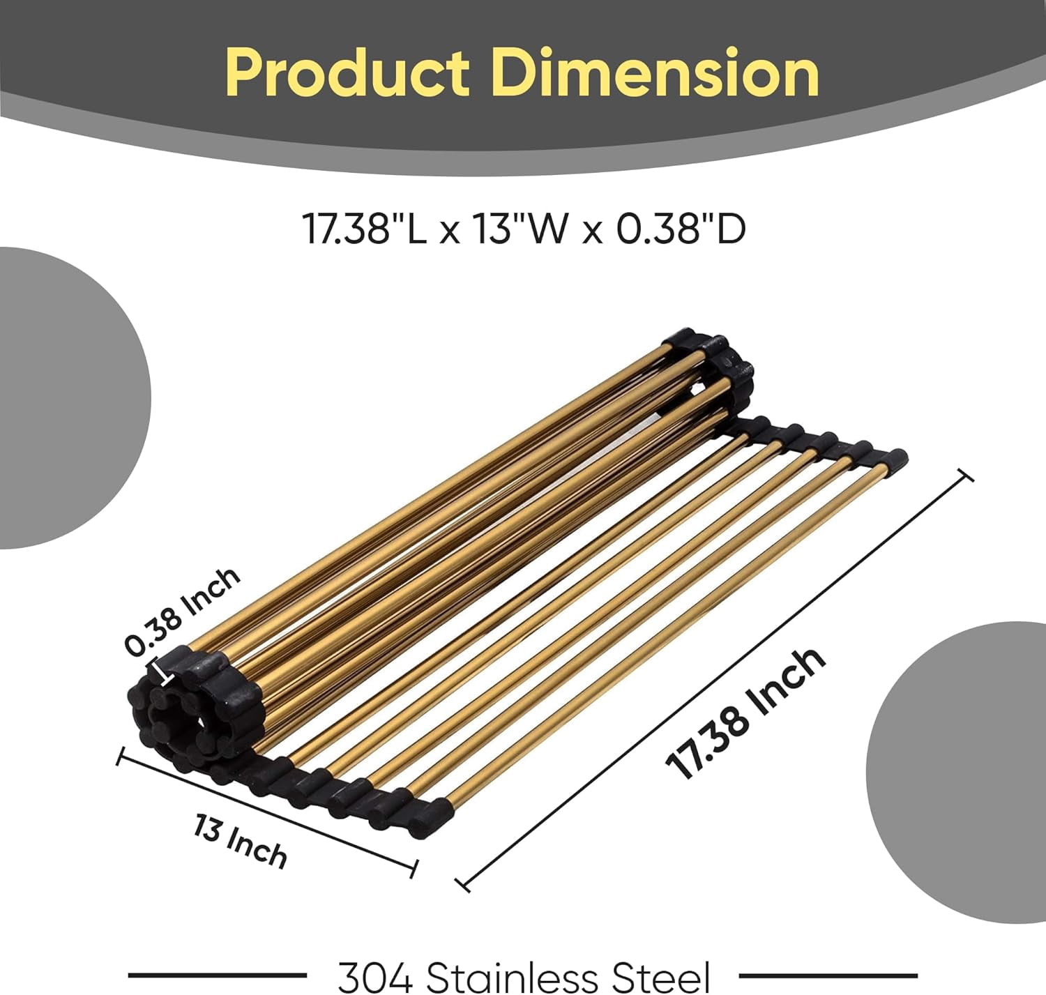 Strictly Sinks Stainless Steel Roll Up Dish Drying Rack – Gold 17 Inch Over The Sink Drying Rack Ideal for Workstation Sinks Only – Multipurpose Foldable Kitchen Dish Rack (17-3/8″ x 13″ x 3/8″)