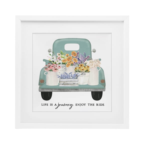 Enjoy Ride Floral Truck White Framed Print Under Glass, design by Lettered and Lined