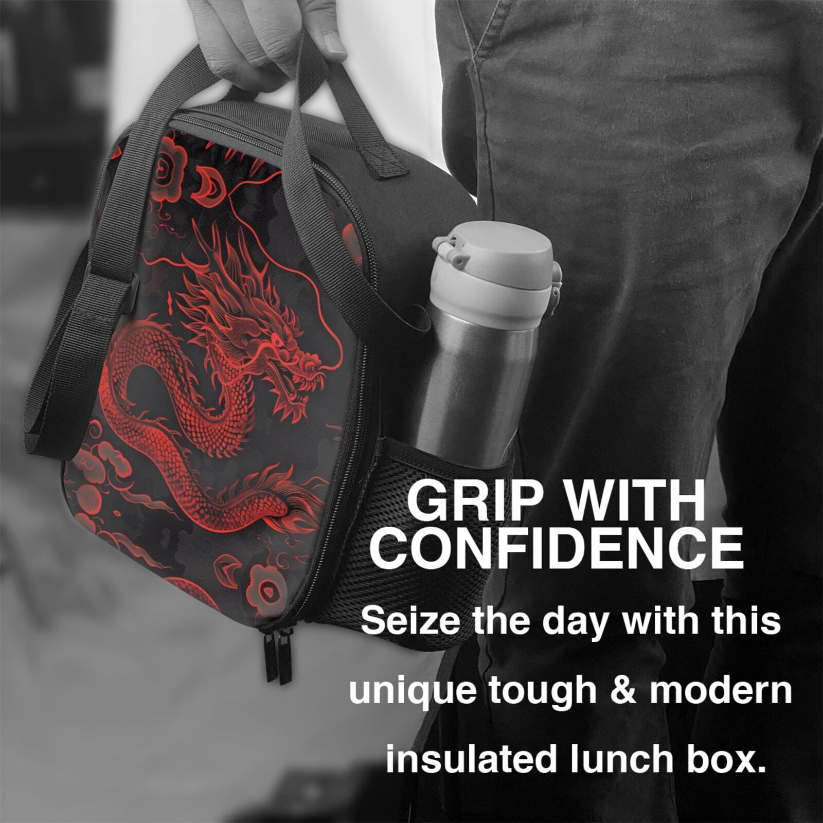 Defioc Red Dragon On Black Print Lunch Box for Men & Women, Insulated Lunch Bag Thickened Thermal Leakproof Lunch Tote Bag for Adult Office Travel Picnic