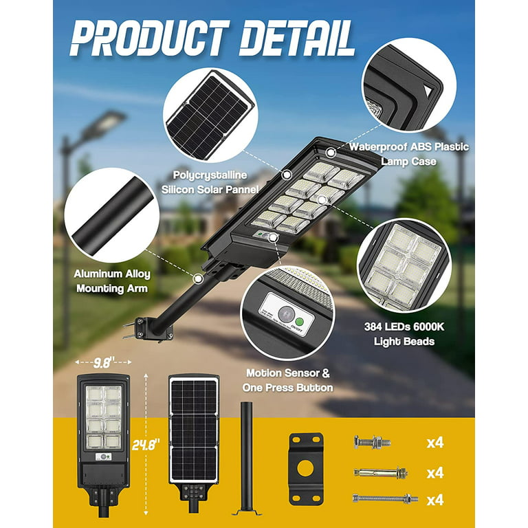 400W Solar Street Light Outdoor, Solar Flood Light with Dusk to Dawn Motion  Sensor, IP65 Waterproof 