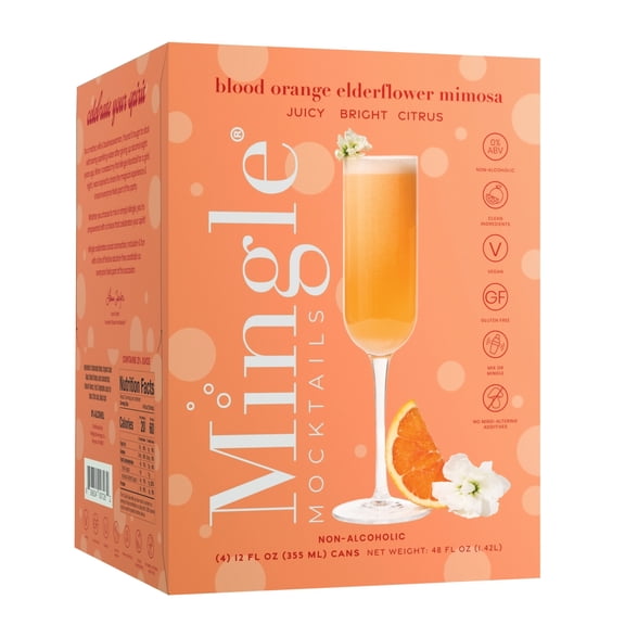Mingle Mocktails Non-Alcoholic Blood Orange Elderflower Mimosa, 4 Pack, 12 fl oz Aluminum Cans, 0.00% ABV