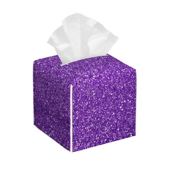 Kdxio Glitter Purple Print Tissue Box Cover,Square Decorative PU Leather Facial Paper Case Organizer Holder Dispenser for Bathroom,Night Stands,Desk,Car 5.2''X5.2''X5.2''