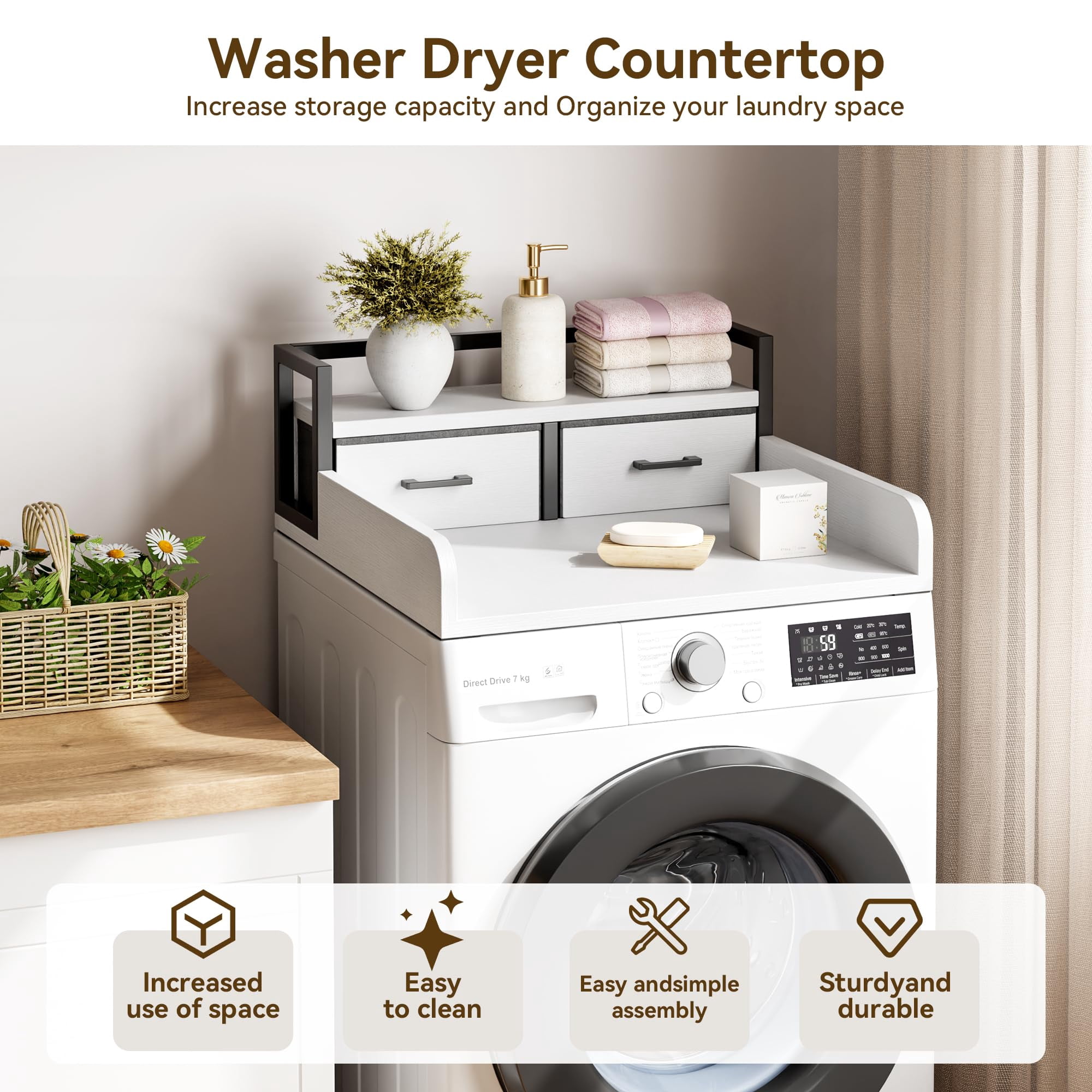 Studyset 2-Tier Washer Dryer Countertop, Laundry Countertop Organization, Washing Machine Countert with Shelf and 2 Drawers, Wooden Washer and Dryer Topper with High Guardrails for Laundry