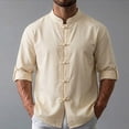 thumbnail image 2 of UVEASISHA Linen Shirts for Men Roll Up Long Sleeve Beach Shirt Stand Collar Casual Chinese Frog Button Shirts Solid Color Vacation Wear Khaki 3XL, 2 of 8