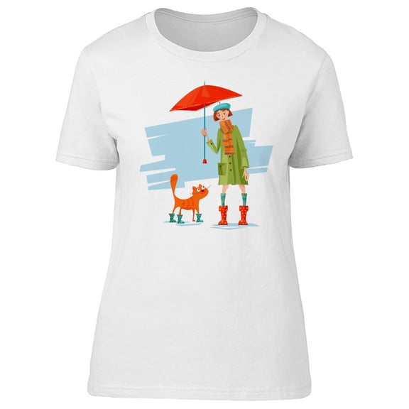Girl And Cat Under The Rain T-Shirt Women -Image by Shutterstock, Female Medium