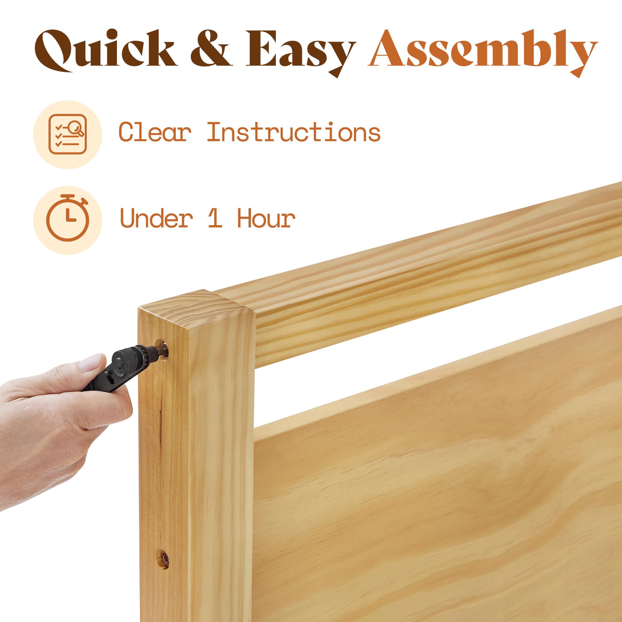 Papajet Queen Size Solid Wood Bed Frame with Headboard, Minimalist Platform Bed with Wood Slats Support, Easy Assembly, Noise-Free, Natural
