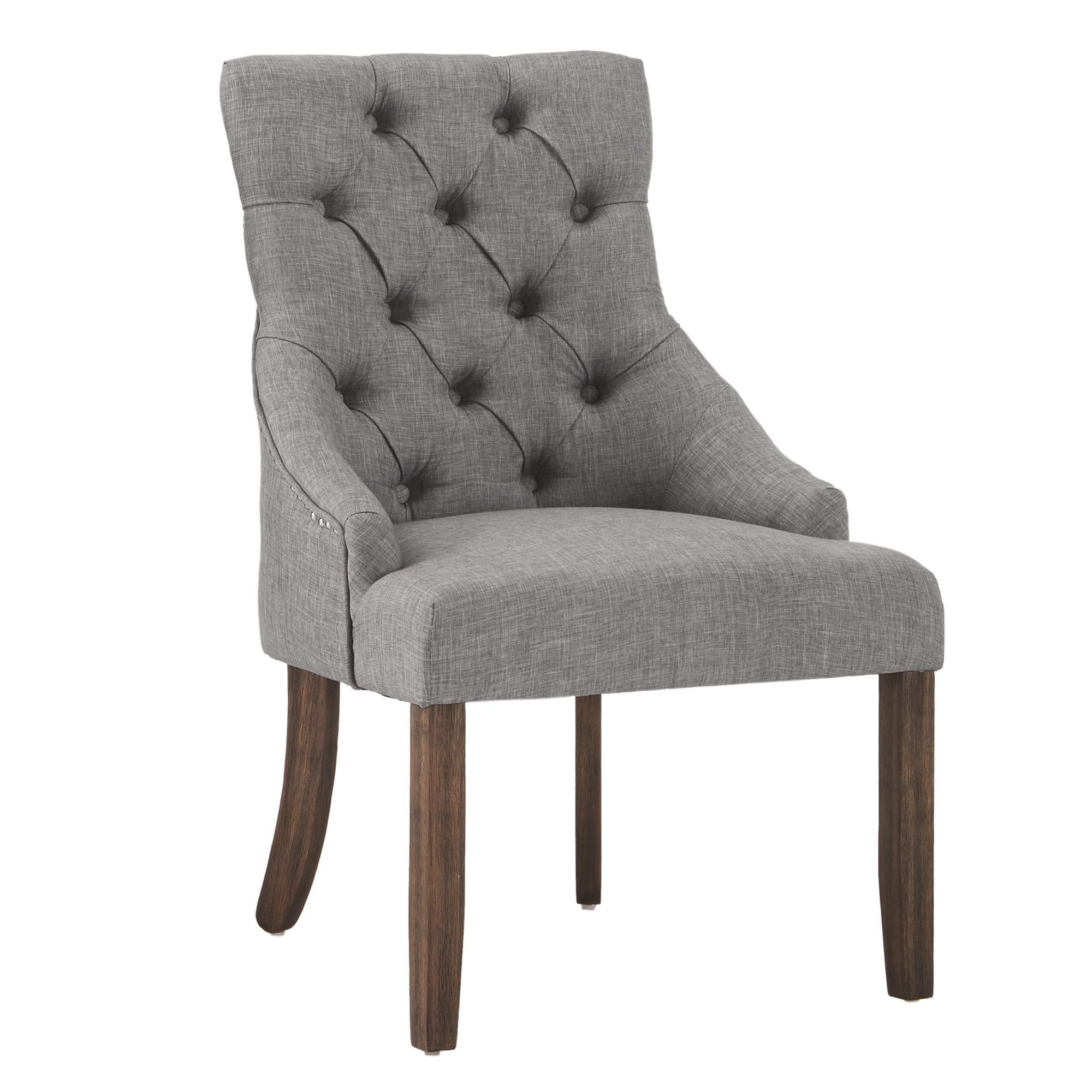 Weston Home Bolton Curved Tufted Back Dining Chairs, Set of 2, Grey Linen, Brown Finish