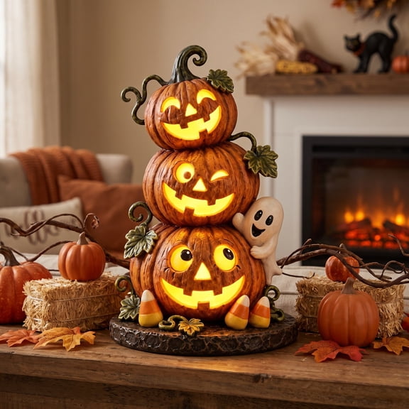 Miwamany Halloween Resin Pumpkin Ghost Lamp Ornament, USB Lighted Desktop Decoration, Cute Spooky Tabletop Centerpiece for Home Shelf Mantel Party Display