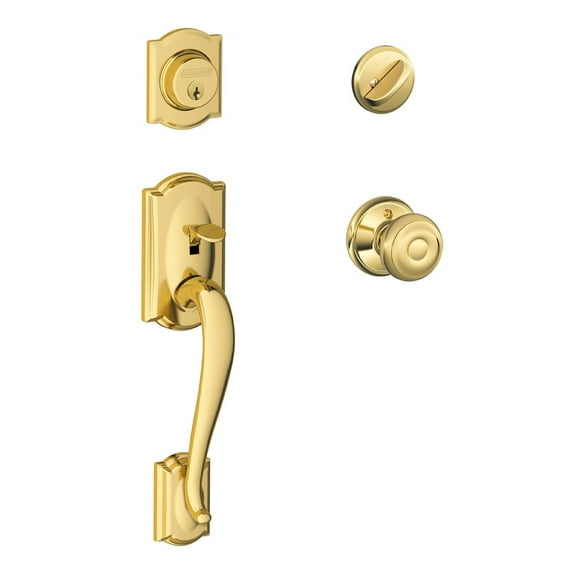 SCHLAGE Camelot Single Cylinder Handleset and Georgian Knob, Bright Brass (F60 CAM 605 GEO) C63