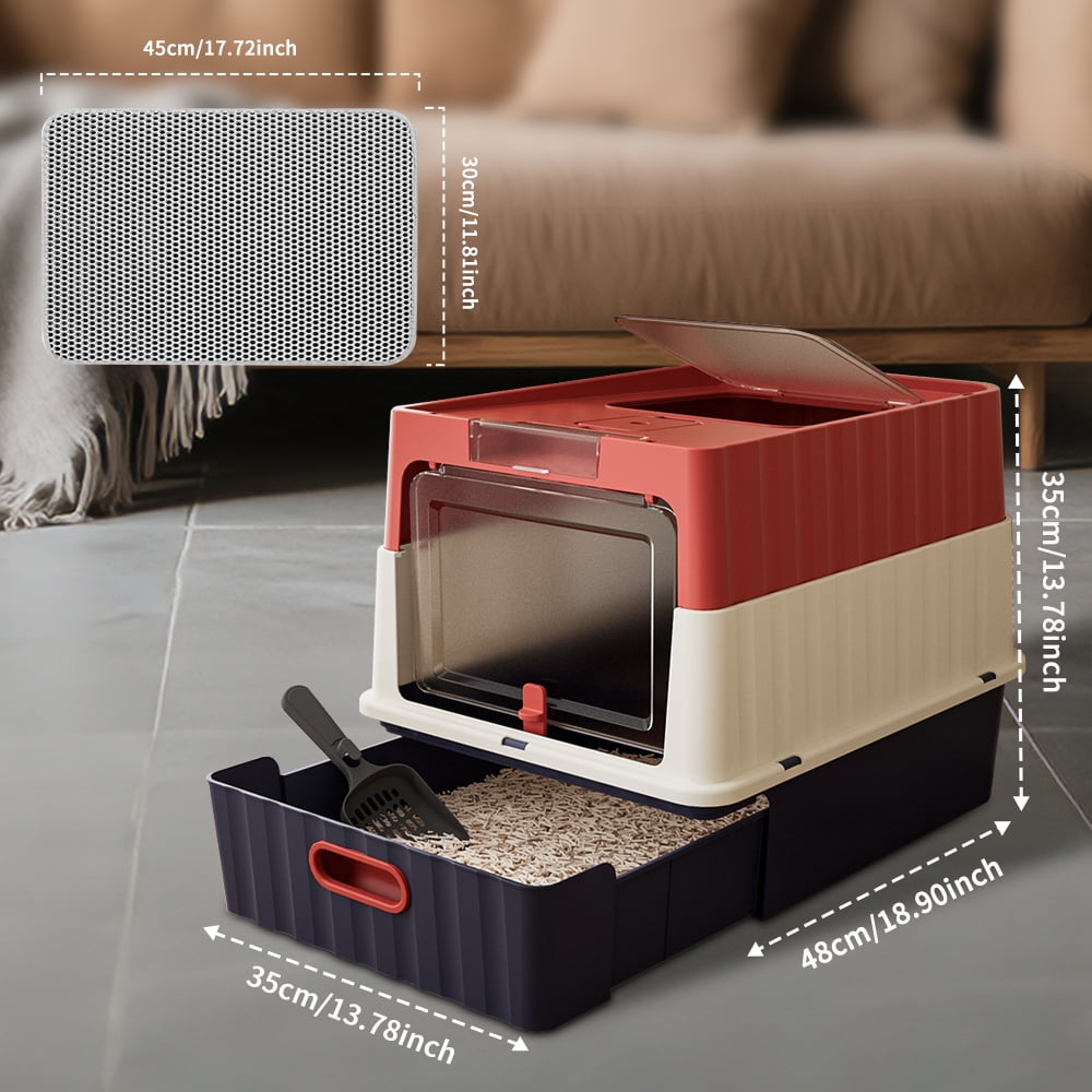 Cat Litter Box + Mat, Drawer-Style Enclosed Large Odor-Control Kitty Toilet with Pull-Out Tray, for Kittens, Big Cats & Multi-Cat Homes, Red