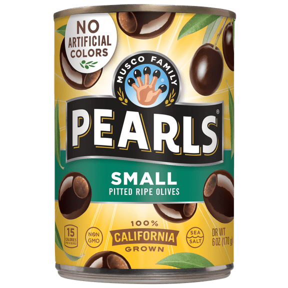 Pearl Small Pitted California Ripe Olives 6 oz. Can. No Artificial Colors. Major Allergens Not Contained.