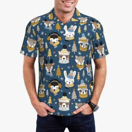 Picia Winter Animal Friends Print Men s Polo Shirt Two-Button Closure Pique Polo Shirt Summer Fashion Golf Shirt-Small