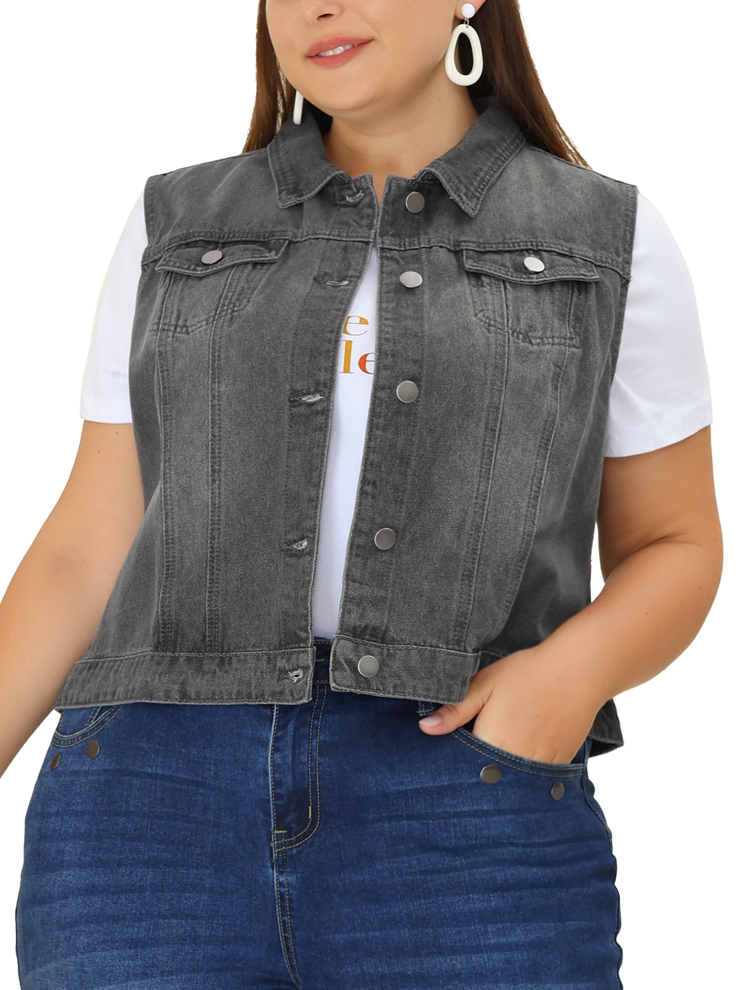 Twcx Womens Wash Sleeveless Ripped Plus Size Pockets Demin Jean Jackets Vest 