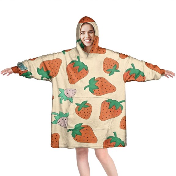 Orange Strawberry Plants Fruit Wearable Oversized Blanket,Wearable Blanket Hoodie for Adults,Cozy Hooded Blankets with Super Pockets,Super Warm Fuzzy Pullover for Women & Men