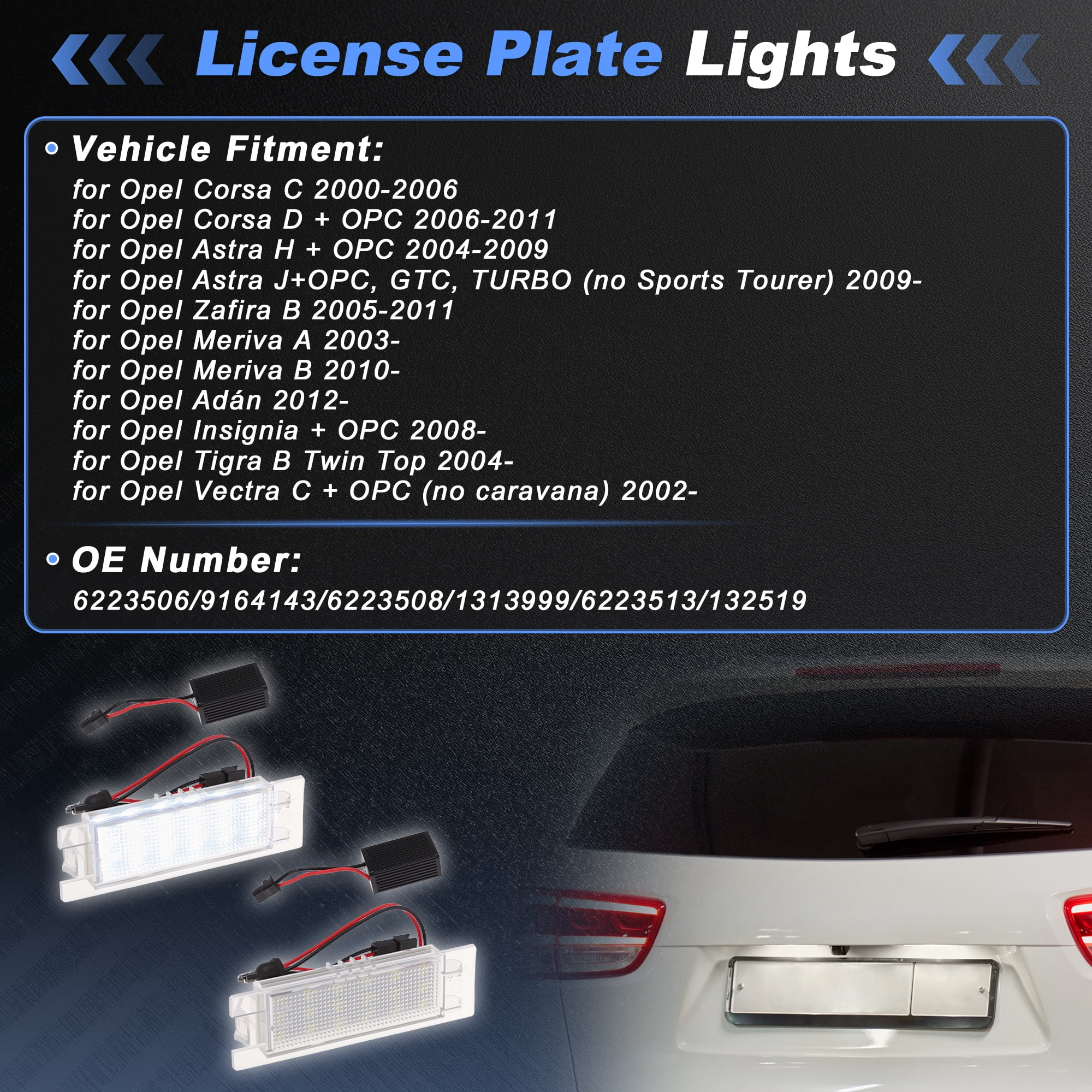 Unique Bargains LED License Plate Light for Opel Corsa C 2000-2006 for Opel Corsa D + OPC 2006-2011 White Light LED Tag Light Plastic No.6223506/9164143 1 Set