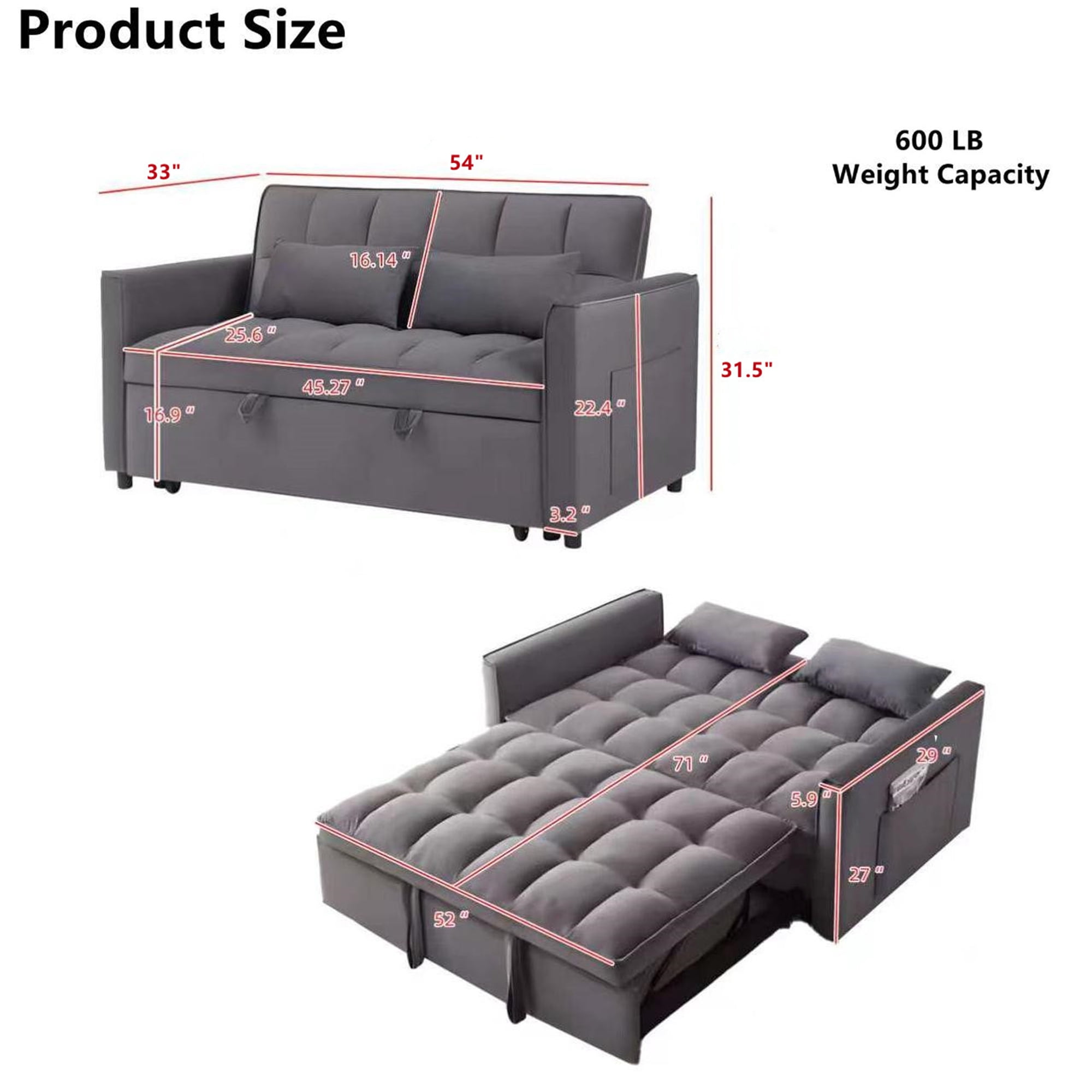 Aukfa 54" Chaise Futon Convertible Loveseat Sleeper Sofa, 2Pillows, Full Size, Velvet, Dark Gray