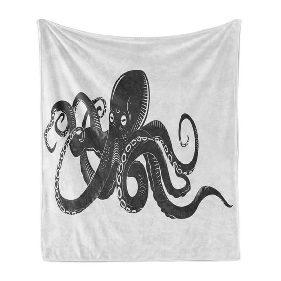 Sea Monster Soft Flannel Fleece Throw Blanket, Dangerous Character with Curling Tentacles Swimming Irregular Shape, Cozy Plush for Indoor and Outdoor Use, 70" x 90", Dark Grey and White, by Ambesonne