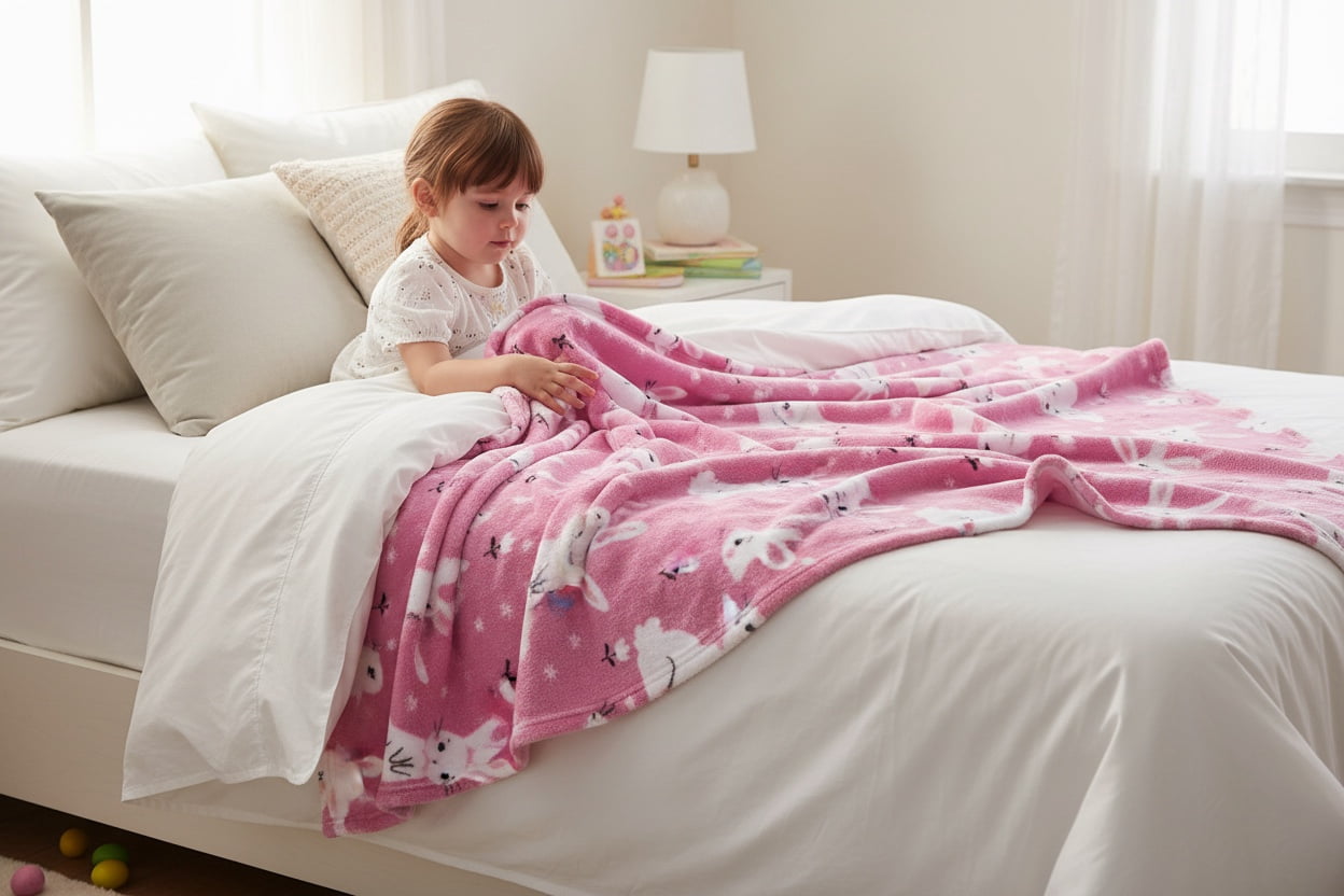 Serafina Home Spring Easter Bunny Throw Blanket, Soft Cozy Velvet Fleece, Pink And White, 50" x 60" Inch