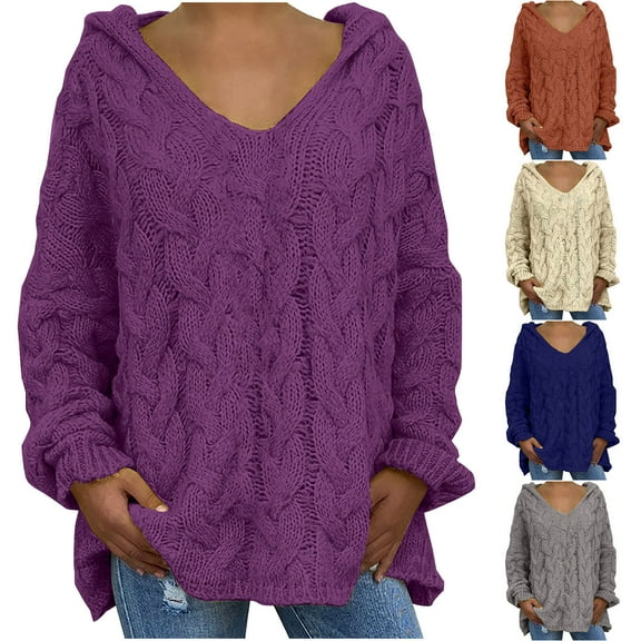Ashirexll Womens Fall Sweaters, Winter Sweaters for Women, Womens Fashion Oversized Plus Size Solid Color Hooded Long Sleeve Sweater