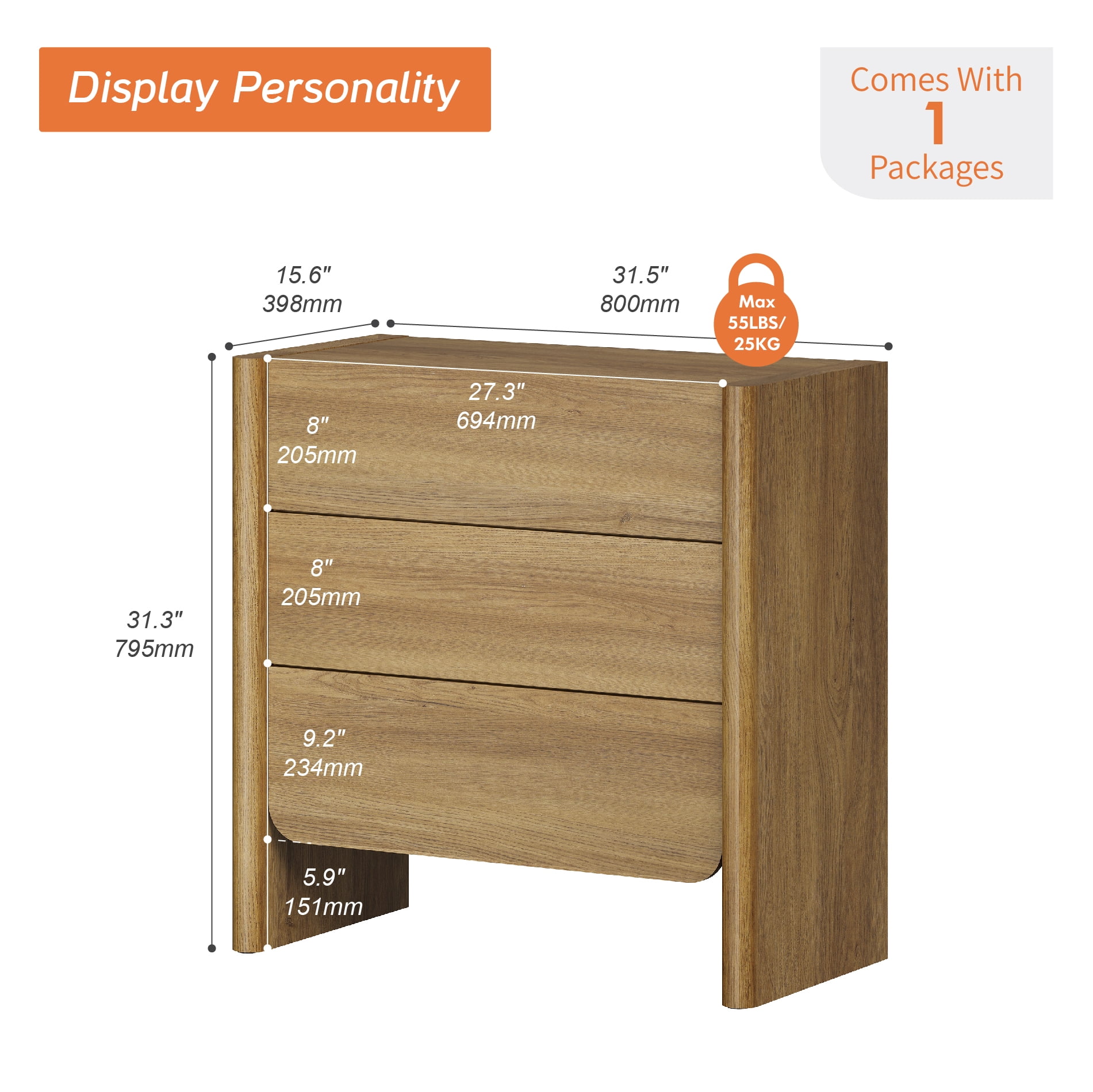Modern French TV Stand, 31.5-Inch Media Console with 3 Push-to-Open Drawers, Supports TVs up to 36 Inches, Walnut
