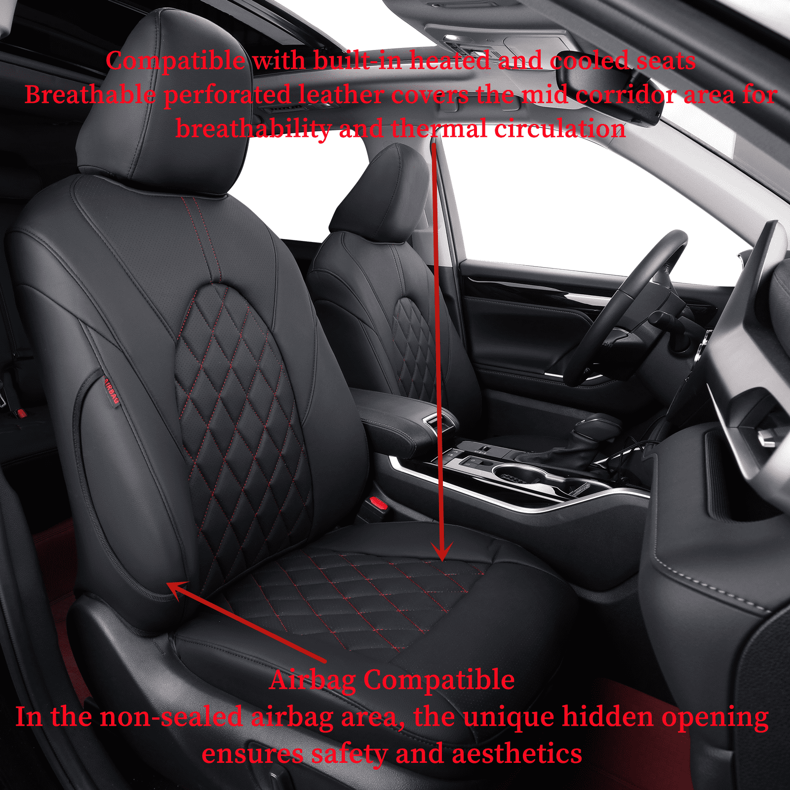 Coverdream Custom Fit Camry Car Seat Covers for Toyota Camry TRD 2020 2021 2022 2023 2024 - Leatherette (Black/Red,Full Set)