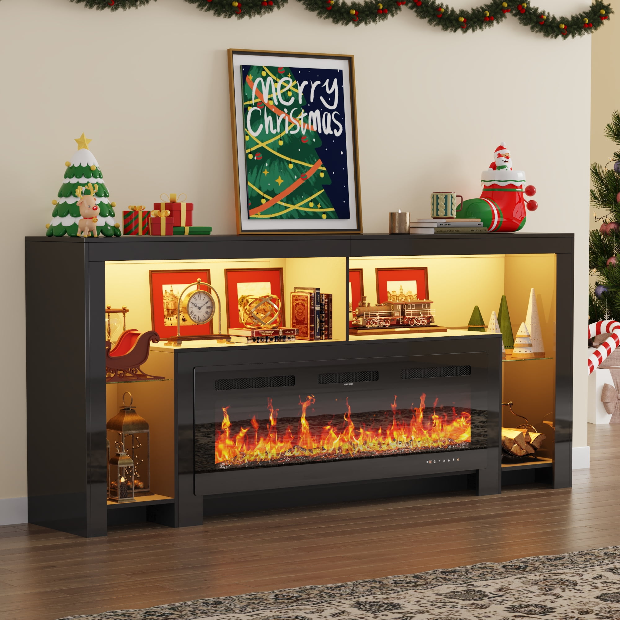 Blotout Fireplace TV Stand for 85/90''TV with 50'' Fireplace, 82'' Modern LED Entertainment Center with Overheat Protection, Adjustable Shelves, 2 Tier Fireplace Console for Living Room, Bedroom