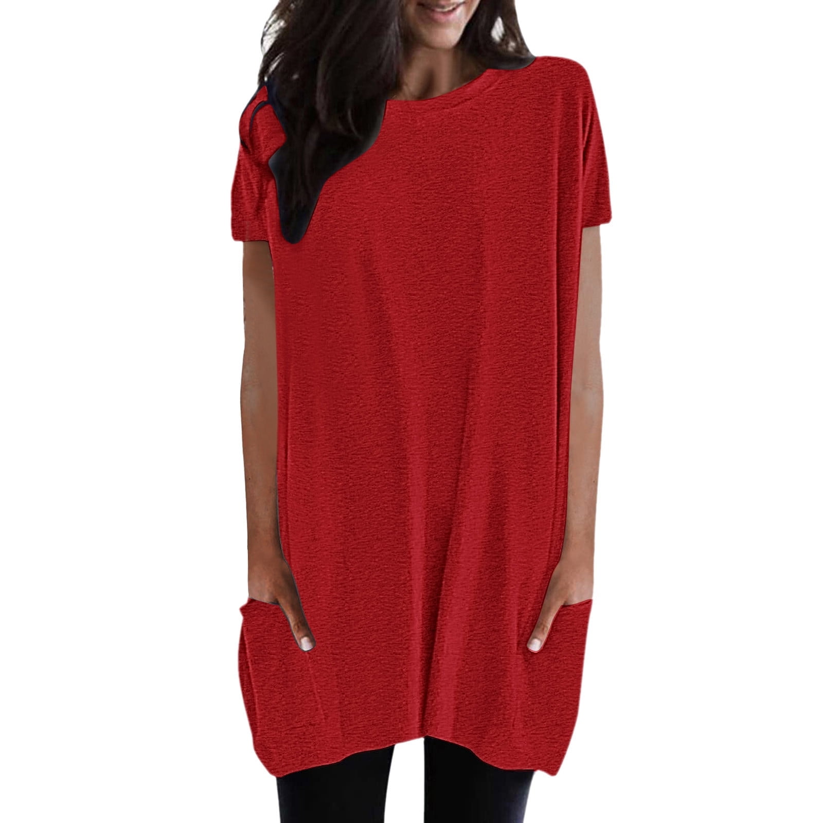 WEIYLL T-Shirts pour Femmes Été Unis Amples Tunique à Enfiler avec Poches Long T-Shirt Rouge Tailles P