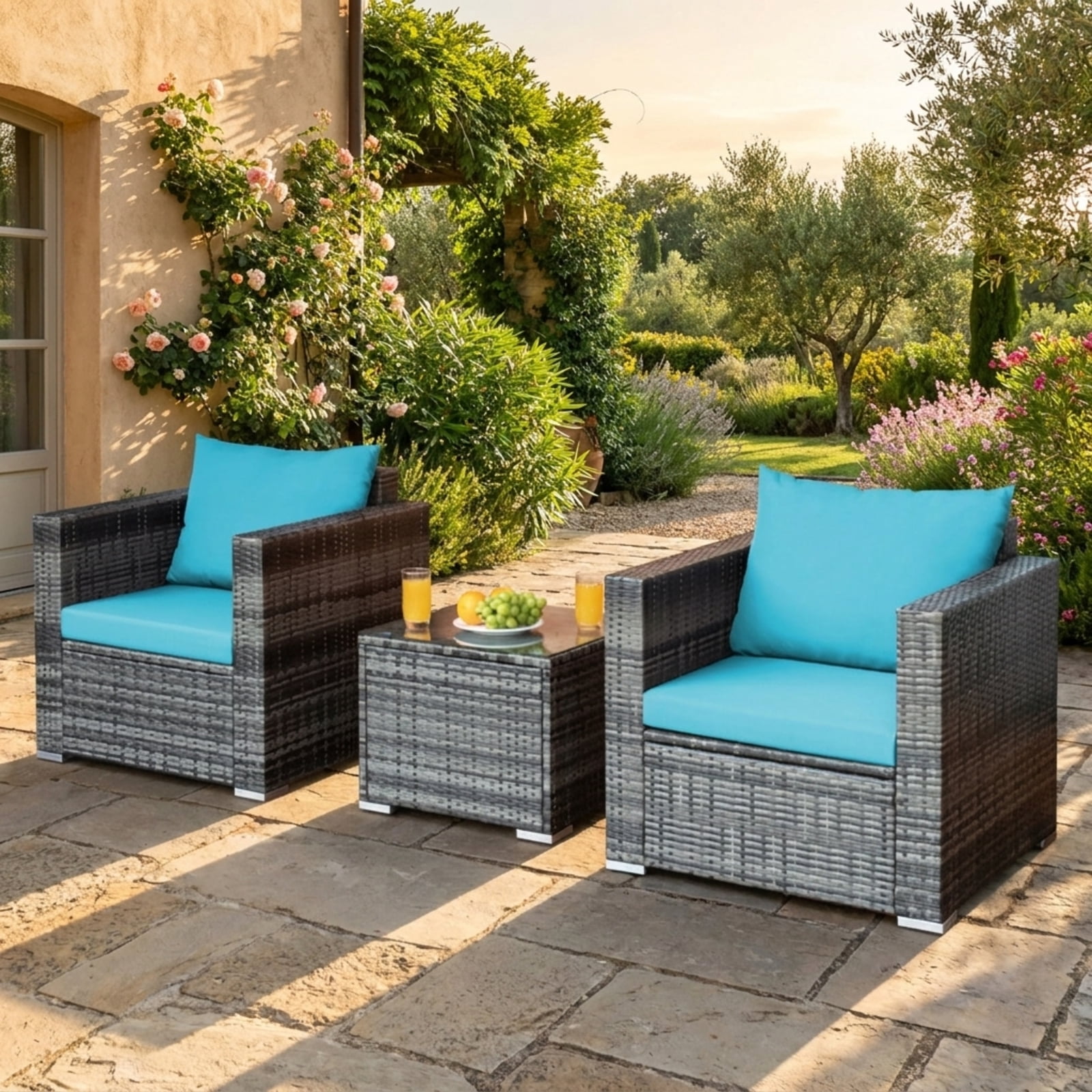 Furnibear 3 Pieces Patio Rattan Furniture Bistro Sofa Set Outdoor Conversation Set with Cushioned Chairs and Glass Table, Mix Gray
