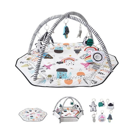 VEVOR Baby Play Gym Mat, Tummy Time Mat with 6 Detachable Sensory Toys, 41.7" x 41.7" Large-Sized Baby Newborn Activity Mat with Fold-up Sides & Soft Fabric for Sensory and Motor Skill Development