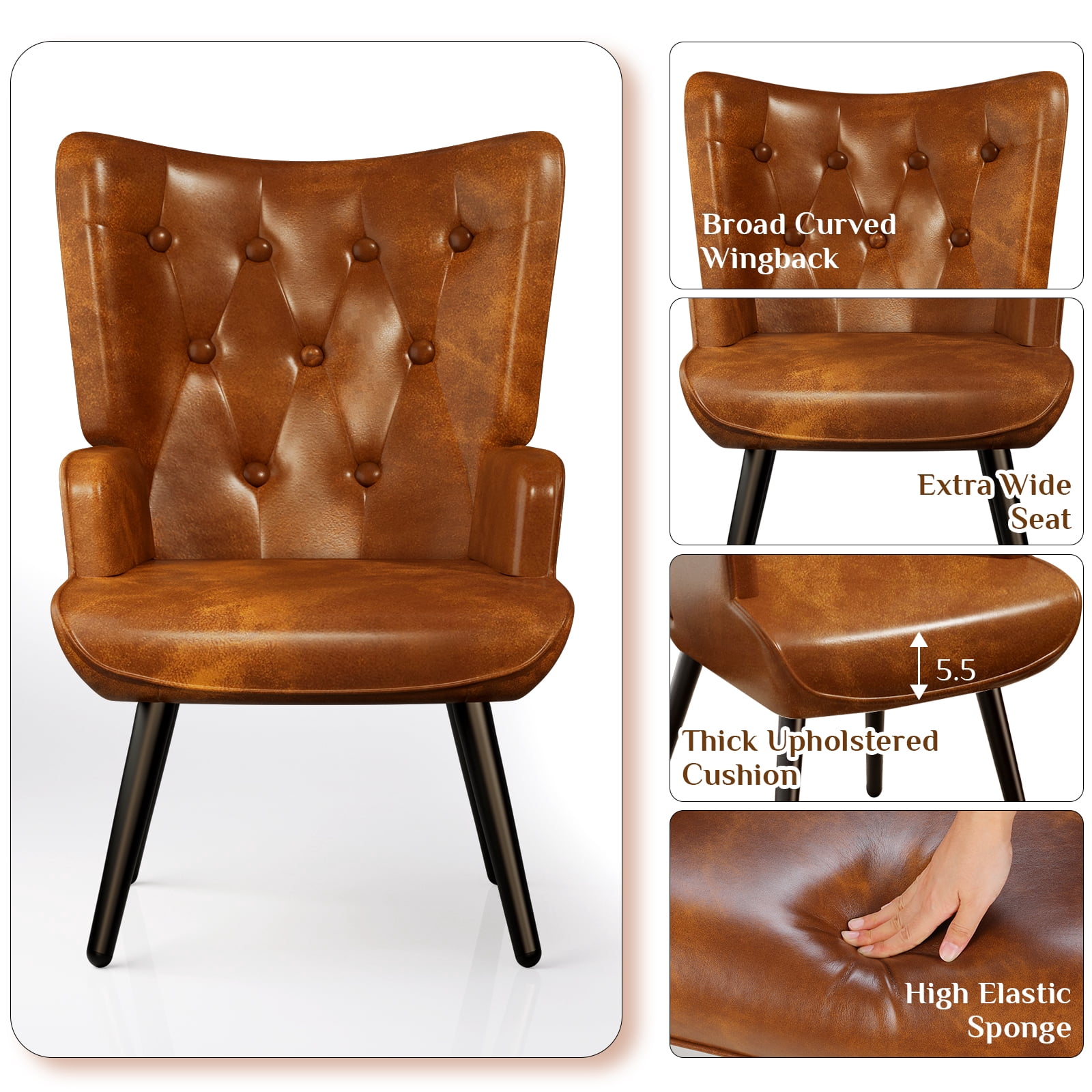 Arlopu Comfy Upholstered Armchair, PU Accent Chair, High Backrest