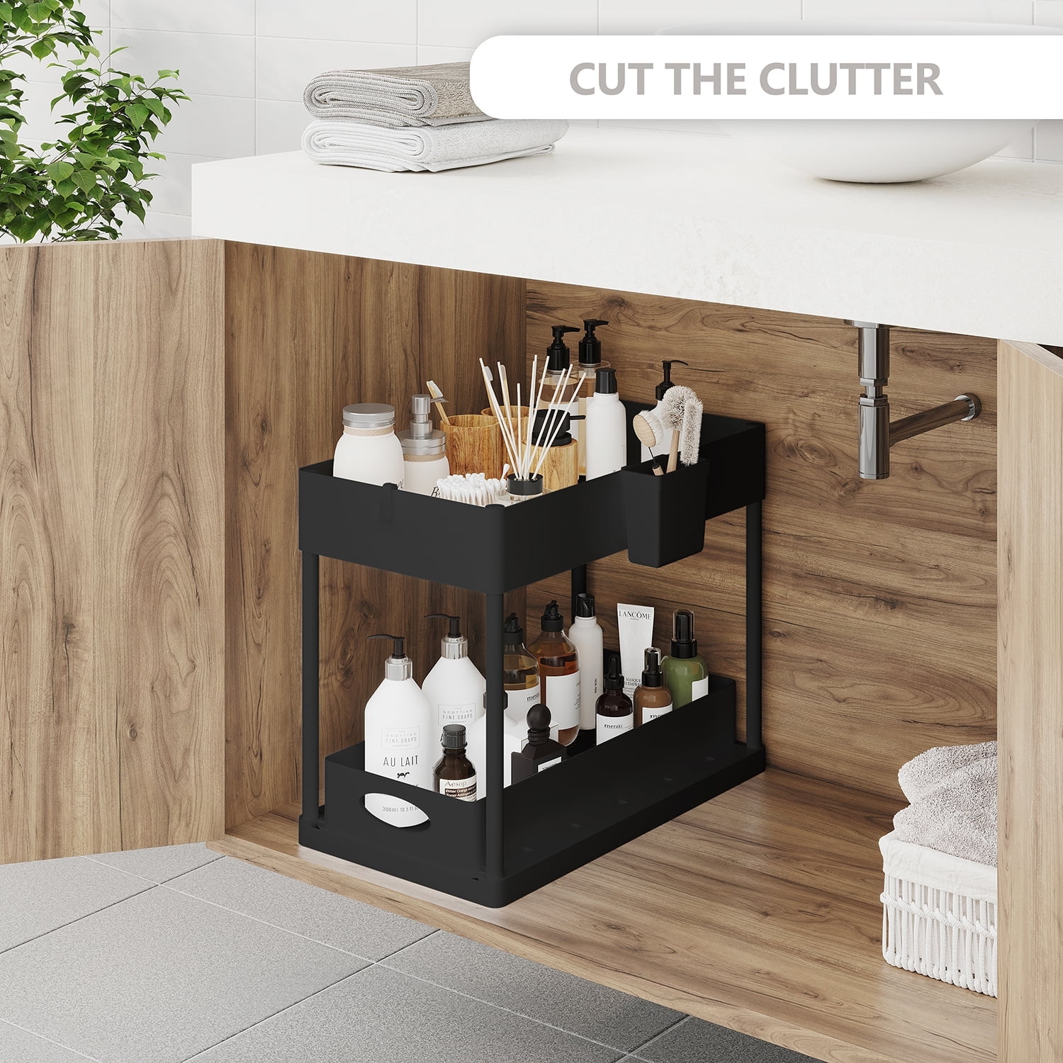 Hearth and Harbor Under Sink Organizer, Bathroom Cabinet Organizer Pull Out Sliding Draw, Under Cabinet Storage, None Slip Grip Under Kitchen Sink Organizer, Black (2-Pack)