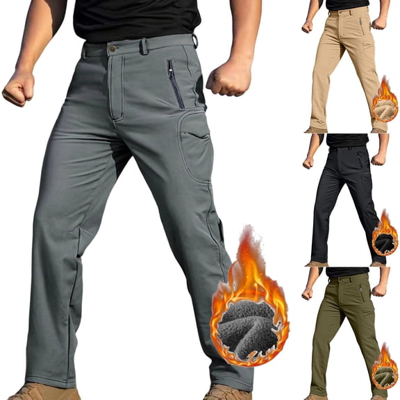 FRSASU Men's Hiking Snow Softshell Cargo Pants Skiing Winter Insulated Fleece Lined Outdoor Water Repellent Camping,Walking,Fishing Khaki