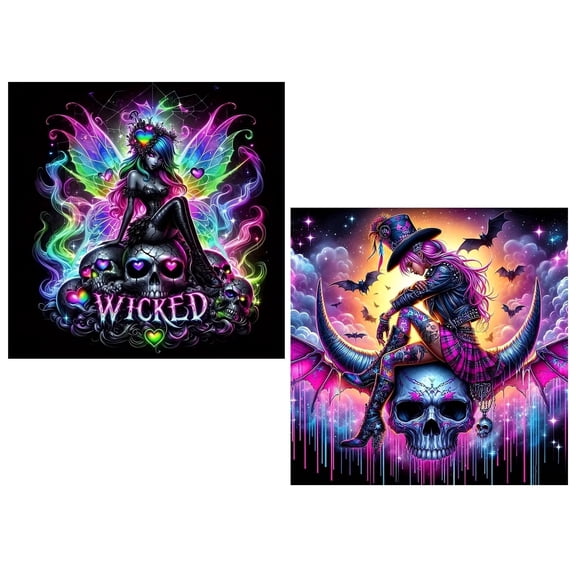 BYGFHLYW Diamond Art Kits for Adults, 2 Pack Skull Girl 5D Full Round Drill DIY Diamond Painting, Dark Fantasy Goth Home Wall Decor, 14x14 Inch
