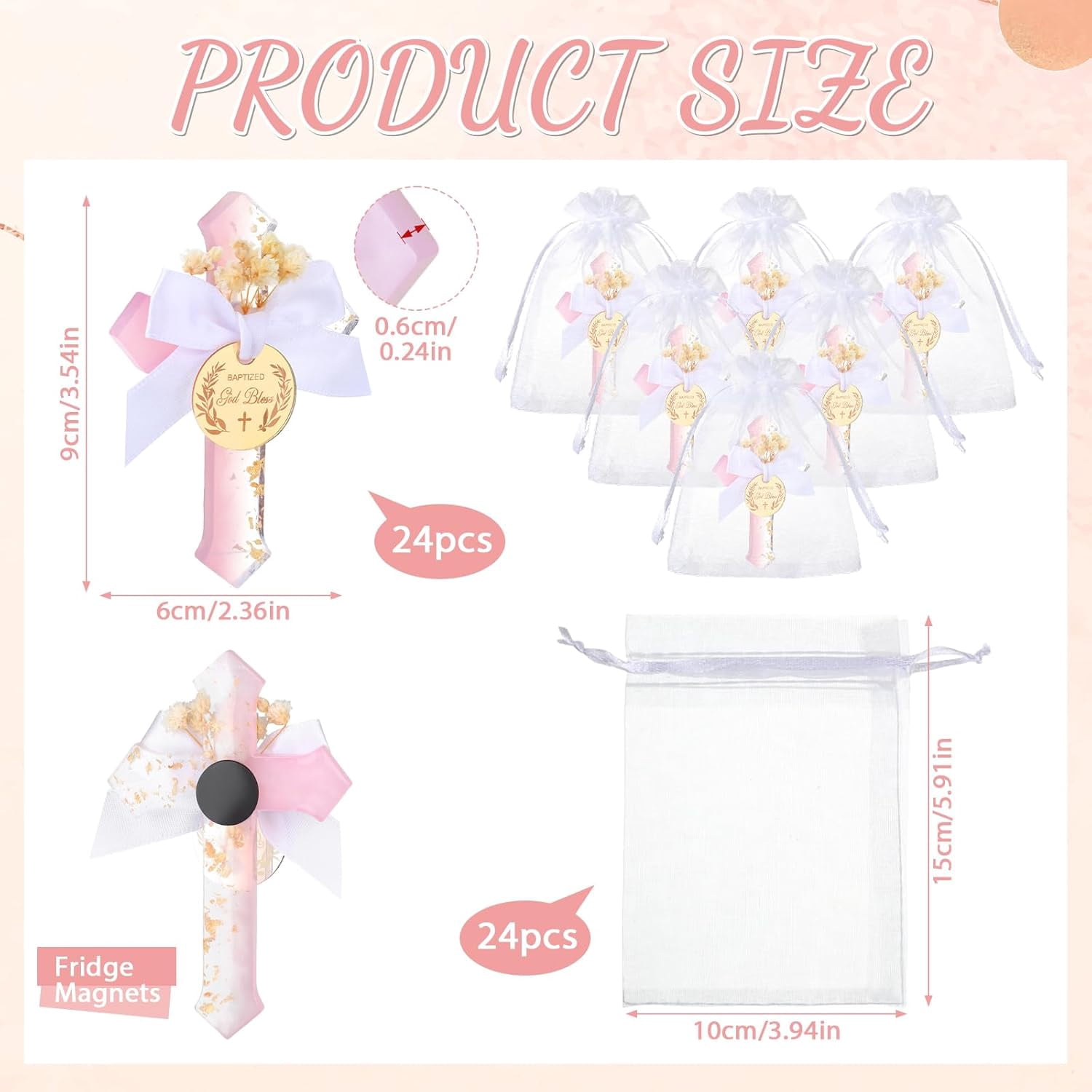 24 Pcs Baptism Favors for Guests Epoxy Cross Fridge Magnets First Communion Cross with Flower Christian Souvenirs Gift for Baptism Christening Baby Shower Party Family Gathering (Pink)