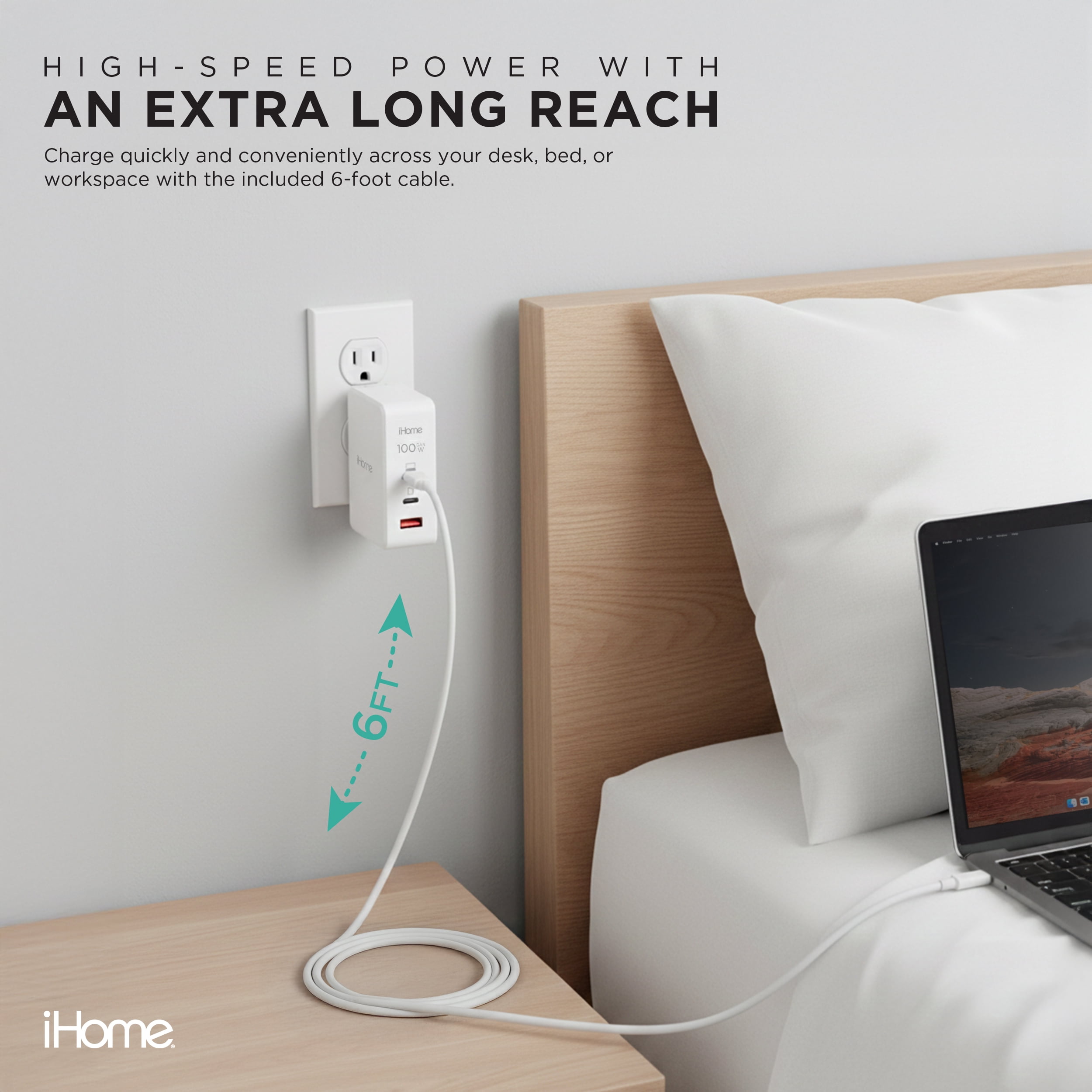 iHome 100W GaN Wall Charger with USB-C Cable, Fast Charging, Powers Up to 3 Devices, White