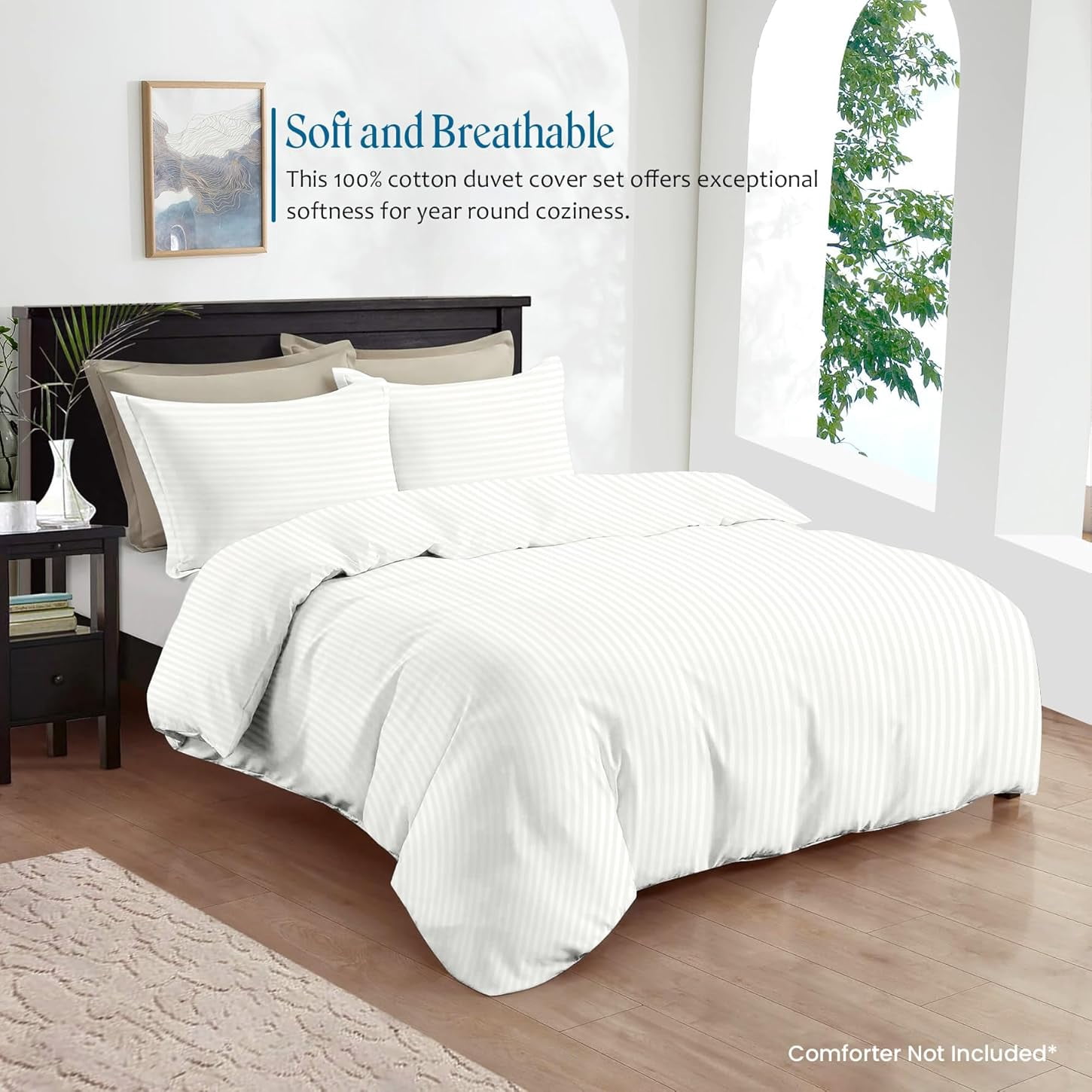 450 TC 3 Piece Duvet Cover Set Organic Cotton with Zipper Closure & Corner Ties Soft & Comfy Breathable Hotel Quality [ OverSize King (98" x 120") Inches, White Stripe ]