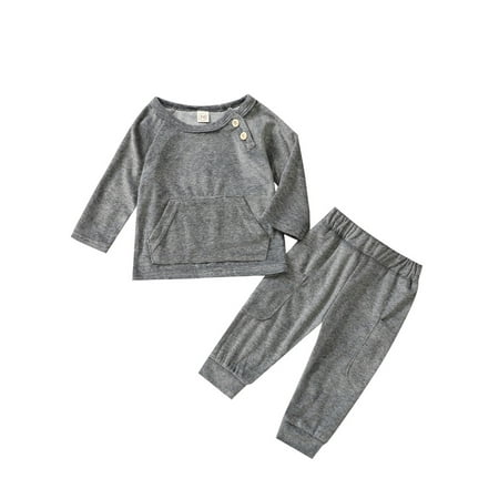

Suanret Kids Baby Boys Girls Solid Clothes Set Long Sleeve T-shirt with Front Pocket+Elastic Waist Trousers Grey 6-12 Months