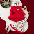 thumbnail image 3 of Conjunto de 3 piezas de camiseta con estampado navideño de vellón + pantalones acampanados de felpa + gorro para niñas pequeñas, ropa para fiesta de Año Nuevo de Papá Noel, 3 of 5