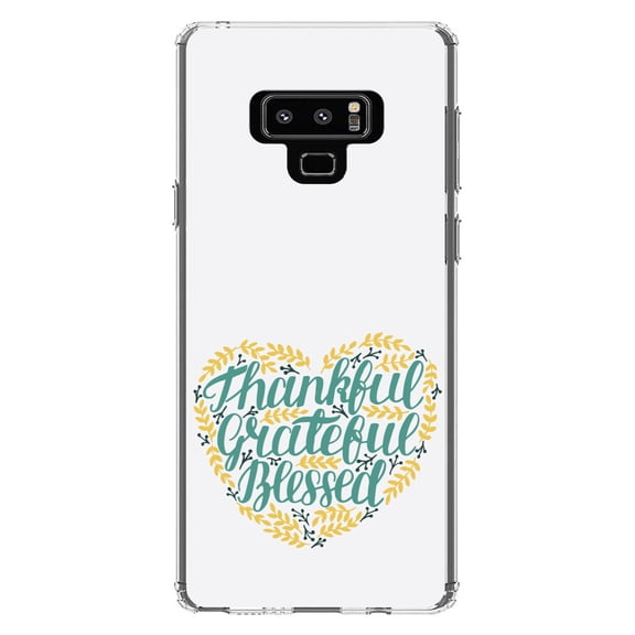 DistinctInk Clear Shockproof Hybrid Case for Samsung Galaxy Note 9 - TPU Bumper, Acrylic Back, Tempered Glass Screen Protector - Thankful / Grateful / Blessed - Heart Flowers